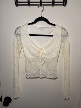 Free People Cream Lace Tie-Front V-Neck Long Sleeve Top